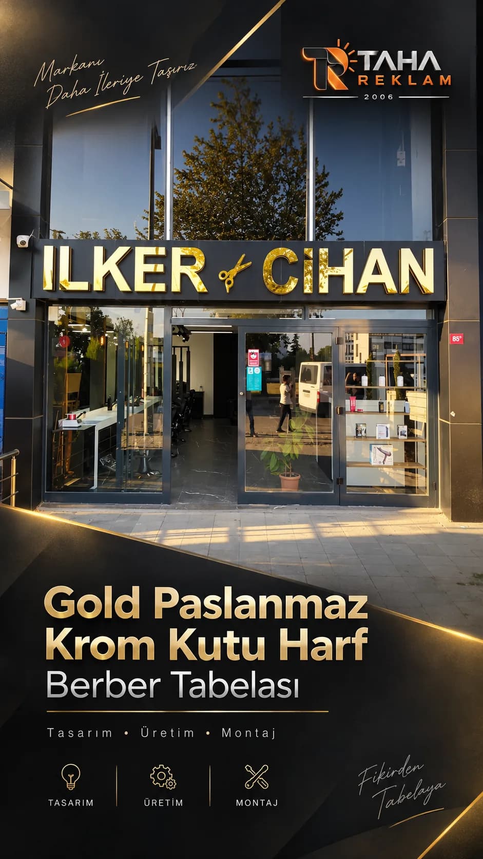 İlker Cihan gold paslanmaz krom kutu harf tabela - Taha Reklam
