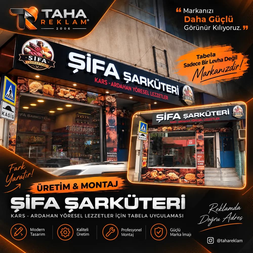 Işıklı tabela tasarımı, üretimi ve montajı.